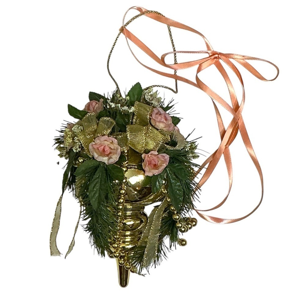 Floral Hanging Ornament Hand Crafted Pink Coral Rose Gold Accent Vintage 1990 8” - Picture 9 of 15